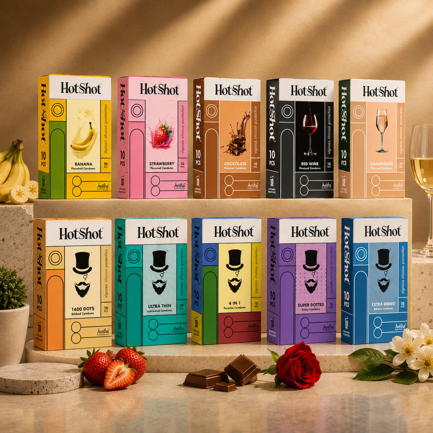 HOTSHOT Condom Combo Pack of 100 | 4in1, 3in1, Ribbed, Dotted, Flavour, Delay & Thin Condom (Set of 10, 100 Condoms)