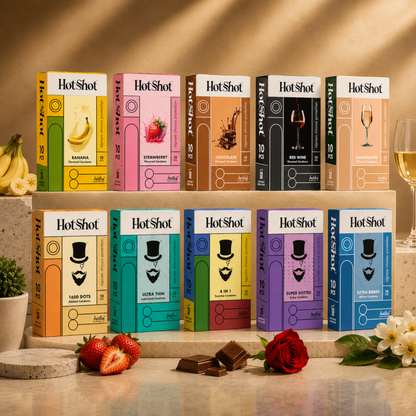 HOTSHOT Condom Combo Pack of 100 | 4in1, 3in1, Ribbed, Dotted, Flavour, Delay & Thin Condom (Set of 10, 100 Condoms)
