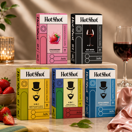 HOTSHOT Condom Combo Pack 50 - 3in1, 4in1 Delay, Ribbed, Dotted, Red Wine and Strawberry Condom (Set of 5, 50 Condoms)