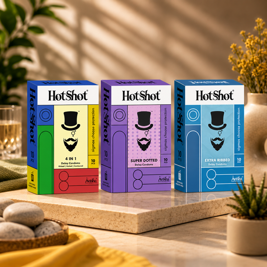 HOTSHOT 4 IN 1 Super Dotted, Long Last, Extra Ribbed, Contoured Delay Condom (Set of 3, 30 Condoms)