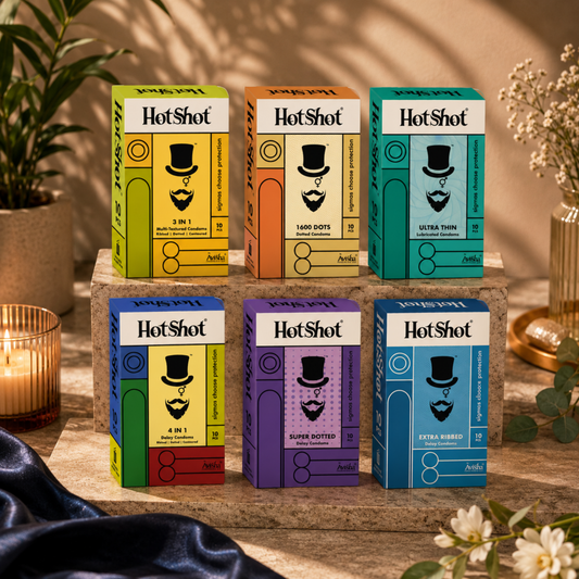 HOTSHOT HONEYMOON VARIETY Combo - 4IN1, 3IN1, Ultra Thin, Extra Ribs, 1600 Dot, Pleasure Condom (Set of 6, 60 Condoms)