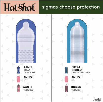 HOTSHOT Condom Combo Pack 50 - 3in1, 4in1 Delay, Ribbed, Dotted, Red Wine and Strawberry Condom (Set of 5, 50 Condoms)